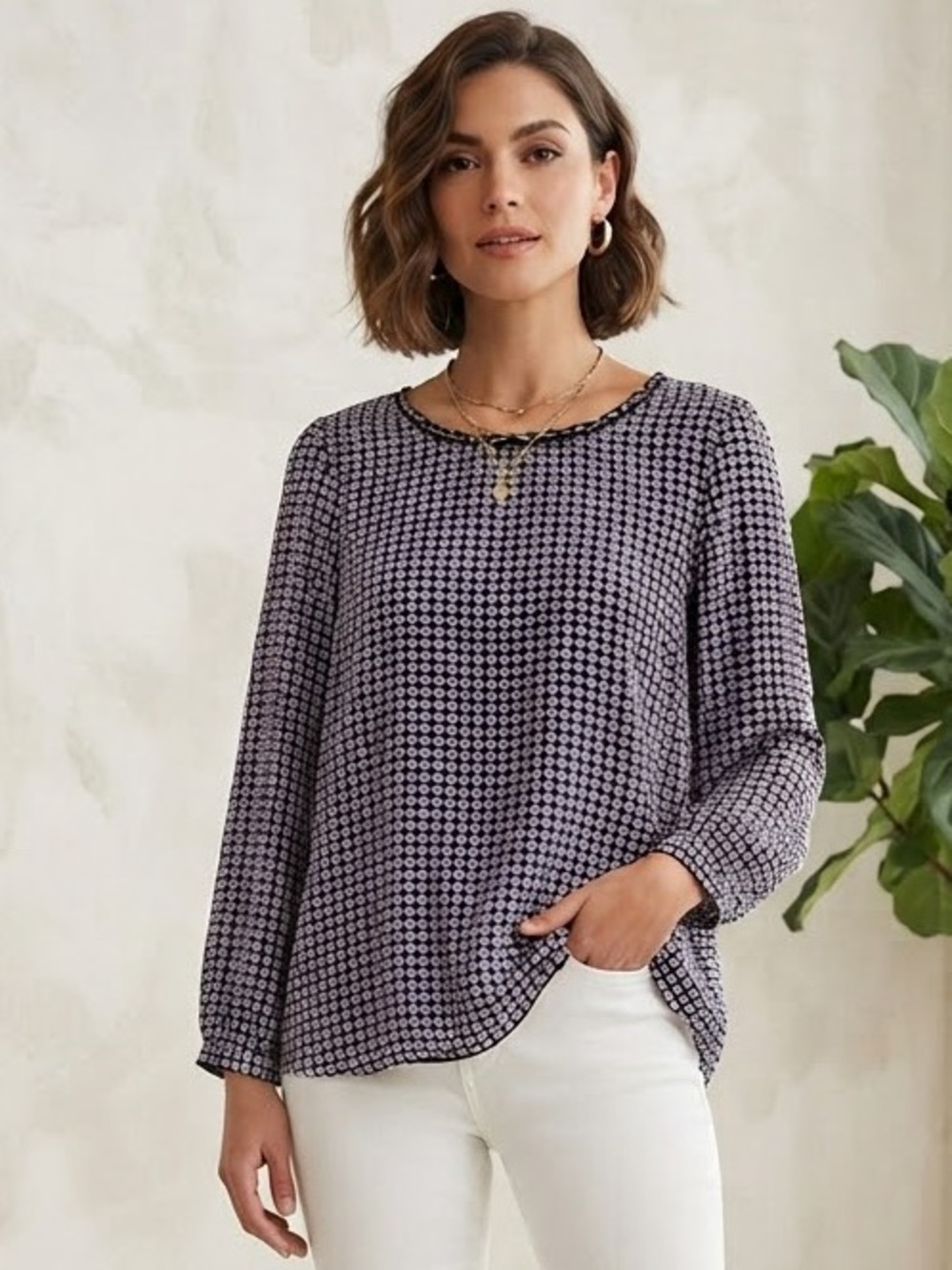 J. Crew Black & Pink Geometric Long-Sleeve Blouse